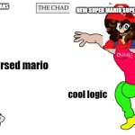 Old SMSS VS New SMSS | OLD SUPER MARIO SUPERSTARS; NEW SUPER MARIO SUPERSTARS; ''Jump over obstacles, break through walls, and always remember: no matter how many Goombas block your path, with courage and determination, every level can be conquered..🗿🍷''; ''Just bringing spice to the night~🤡🤓''; cursed mario; weird logic; cool logic; Mario's a literal god | image tagged in virgin and chad | made w/ Imgflip meme maker