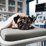 A pug on its last ounce of life in a medical bed