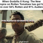 Godzilla X Kong Score is same than ROTB | When Godzilla X Kong: The New Empire on Rotten Tomatoes has got fail score over 54% Rotten and 91% Audiences | image tagged in first time,transformers,godzilla,kaiju,memes | made w/ Imgflip meme maker