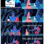 Feminist Logic Part 1 | FREE THE NIPPLE; YEP; IS THIS YOUR PROTEST? AND DO YOU WANT MEN TO SUPPORT THIS? YEP; THAT MAKES SENSE TO ME; AND THIS PROTEST WILL HELP YOU FEMINISTS GAIN THE SAME RIGHTS AS MEN AND YOU WISH TO BE ABLE TO GO TOP LESS LIKE US MEN. YOU ARE A PERVERT; THEN AS A RESPECTFUL MAN, I SUPPORT YOUR CAUSE | image tagged in patrick star's wallet,memes,feminism | made w/ Imgflip meme maker