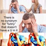 OH FRICK | There is no synonym for “funny” that doesn't have a U in it | image tagged in oh frick | made w/ Imgflip meme maker