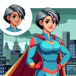 female super hero with short gray hair power stance