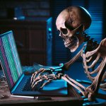 skeleton waiting in front of laptop
