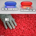Blue or red pill | DO THE HOMEWORK; PLAY VIDEOGAMES ALL DAY; ME | image tagged in blue or red pill | made w/ Imgflip meme maker