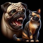 Angry dog and  scared cat