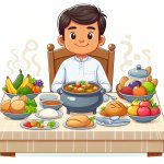 one man sitting at a table with lots of food