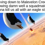 Penguins of Madagascar | Diving down to Malevelon Creek knowing damn well a squadmate is gonna kill us all with an eagle strike | image tagged in penguins of madagascar,helldivers 2 | made w/ Imgflip meme maker