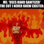 hand sanitizer be like | ME: *USES HAND SANITIZER*
THE CUT I NEVER KNEW EXISTED: | image tagged in burning spongebob | made w/ Imgflip meme maker