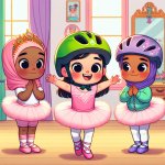 Little toddler girls learning ballet wearing bike helmets and ha