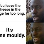 Homemade blue cheese. | You leave the cheese in the fridge for too long. It's gone mouldy. | image tagged in reversed disappointed black man,cheese,mould,mouldy cheese,cheese mould,blue cheese | made w/ Imgflip meme maker