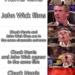 Norris - Wick Mashup | Chuck Norris films; John Wick films; Chuck Norris and John Wick films are in the same cinematic universe; Chuck Norris and John Wick appear in the same film; Chuck Norris turns out to be John Wick's father | image tagged in vince mcmahon 5 tier | made w/ Imgflip meme maker