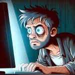 A man who has severe sleep deprivation, staring at his Computer,