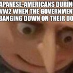 I've been learning WW2 in school. (This is historical okay?!) | JAPANESE-AMERICANS DURING WW2 WHEN THE GOVERNMENT IS BANGING DOWN ON THEIR DOOR | image tagged in gru meme,ww2,world war 2,world war ii,history,history memes | made w/ Imgflip meme maker