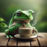 calm frog with coffee