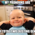 My pronouns are | MY PRONOUNS ARE; ONE OF TOTAL TWO EXISTING GENDERS | image tagged in baby boss relaxed smug content,pronouns,genders | made w/ Imgflip meme maker