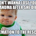 Get a vase to stuff her ashes in it! Companion for life at a cheap price! | DON'T WANNA LOSE YOUR GRANDMA AFTER SHE DIED? CREMATION TO THE RESCUE! | image tagged in memes,success kid original,cremation,grandma | made w/ Imgflip meme maker