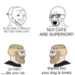 ERM THERE IS A SUPERIOR PET! | DOGS ARE LITERALLY BETTER THAN CATS; NO! CATS ARE SUPERIOR!! thanks bro your dog is lovely; yo man i 
like your cat | image tagged in crying wojak / i know chad meme | made w/ Imgflip meme maker