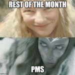 Legendary Mood Swings | REST OF THE MONTH; PMS | image tagged in galadriel two sides,pms,period,mood swing,180,happy sad | made w/ Imgflip meme maker