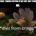 Dies from Cringe | THEM: *SHOWS PICTURE OF ME THEY JUST TOOK; ME: | image tagged in dies from cringe | made w/ Imgflip meme maker