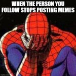 I'm breaking my rule of once a month memes for this :( | WHEN THE PERSON YOU FOLLOW STOPS POSTING MEMES | image tagged in memes,sad spiderman,spiderman | made w/ Imgflip meme maker