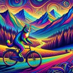 Trippy cat on a bicycle pedaling through the mountains