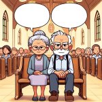 Old couple in church smiling