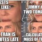 Math lady/Confused lady | TESTS BE LIKE:; JIMMY HAS TWO TOMATOES; THE TRAN IS 7 MINUTES LATE; CALCULATE THE MASS OF THE SUN | image tagged in math lady/confused lady | made w/ Imgflip meme maker