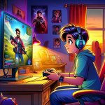 Gamer sitting on a desk playing a game on desktop with the scree