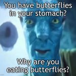 That’s bad for you! | You have butterflies in your stomach? Why are you eating butterflies? | image tagged in avatar guy,memes | made w/ Imgflip meme maker