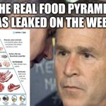 Bush Food Pyramid | THE REAL FOOD PYRAMID WAS LEAKED ON THE WEB..... BY GEORGE OMADIS | image tagged in george bush 9/11 | made w/ Imgflip meme maker