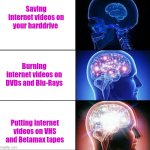 Big Brain Moment | Saving internet videos on your harddrive; Burning internet videos on DVDs and Blu-Rays; Putting internet videos on VHS and Betamax tapes | image tagged in 1000 iq | made w/ Imgflip meme maker