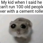 Sad noises | My kid when I said he can't run 100 old people over with a cement roller: | image tagged in sad hamster,memes,sad noises | made w/ Imgflip meme maker