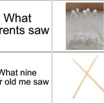 I was basically Neil Peart with plastic bottles | What parents saw; What nine year old me saw | image tagged in memes,blank comic panel 2x2 | made w/ Imgflip meme maker