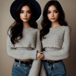 Two identical twins but one is wearing a hat