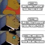 emotional support | GETTING EMOTIONAL SUPPORT FROM YOUR FAMILY; GETTING EMOTINAL SUPPORT FROM YOUR PEERS; GETTING EMOTIONAL SUPPORT FROM YOUR ONLINE FRIENDS | image tagged in fancy pooh | made w/ Imgflip meme maker