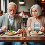 Older couple silently eating