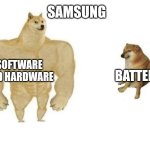 Samsung phones | SAMSUNG; SOFTWARE AND HARDWARE; BATTERY | image tagged in dog comparison | made w/ Imgflip meme maker