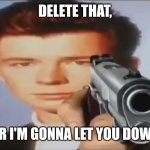You can use that in comments | DELETE THAT, OR I'M GONNA LET YOU DOWN | image tagged in say goodbye | made w/ Imgflip meme maker