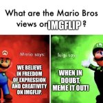 Mario Bros Views | IMGFLIP; WE BELIEVE IN FREEDOM OF EXPRESSION AND CREATIVITY ON IMGFLIP. WHEN IN DOUBT, MEME IT OUT! | image tagged in mario bros views | made w/ Imgflip meme maker