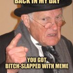 Back in my day | BACK IN MY DAY; YOU GOT BITCH-SLAPPED WITH MEME | image tagged in back in my day,bitch slap,dank memes,you have become the very thing you swore to destroy | made w/ Imgflip meme maker