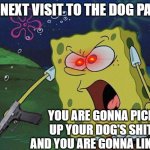 spongebob | MY NEXT VISIT TO THE DOG PARK:; YOU ARE GONNA PICK UP YOUR DOG'S SHIT, AND YOU ARE GONNA LIKE IT! | image tagged in spongebob | made w/ Imgflip meme maker
