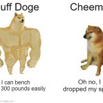 Buff Doge vs. Cheems | Buff Doge; Cheems; I can bench press 300 pounds easily; Oh no, I dropped my spoon | image tagged in memes,buff doge vs cheems | made w/ Imgflip meme maker