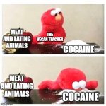 The vegan teacher and cocaine | MEAT AND EATING ANIMALS; THE VEGAN TEACHER; COCAINE; MEAT AND EATING ANIMALS; COCAINE | image tagged in elmo cocaine,the vegan teacher | made w/ Imgflip meme maker