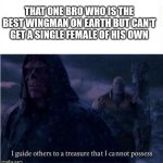 The best wingman | THAT ONE BRO WHO IS THE BEST WINGMAN ON EARTH BUT CAN'T GET A SINGLE FEMALE OF HIS OWN | image tagged in i guide others to a treasure i cannot possess | made w/ Imgflip meme maker