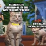 I freaking hate anti-vax people (I'm vaccinated btw) | ME, AN AUTISTIC PERSON WHO HAS TO DEAL WITH THIS CRAP EVERY WEEK; IDIOTS TELLING ME THAT VACCINES CAUSE AUTISM | image tagged in angry sims 4 trailer cat,autism,antivax,idiots | made w/ Imgflip meme maker