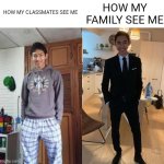 True? | HOW MY FAMILY SEE ME; HOW MY CLASSMATES SEE ME | image tagged in fernanfloo dresses,memes,relatable,funny,gifs | made w/ Imgflip meme maker