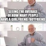 I am not part of anything, am I? | SEEING THE AVERAGE OF HOW MANY PEOPLE HAVE A GIRLFRIEND/BOYFRIEND; ME: I DON'T EVEN HAVE A FRIEND | image tagged in memes,hide the pain harold,friends,average,depression sadness hurt pain anxiety | made w/ Imgflip meme maker