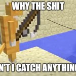 why the shit can't i catch anything | WHY THE SHIT; CAN'T I CATCH ANYTHING?! | image tagged in fishing cat,funny,minecraft | made w/ Imgflip meme maker