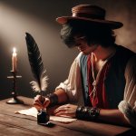 luffy writing a letter with a feather pen in front of a candle l