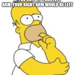 RIGHT IS LEFT | IF YOU CUT OFF YOUR LEFT ARM, YOUR RIGHT ARM WOULD BE LEFT | image tagged in homer simpson hmmmm | made w/ Imgflip meme maker